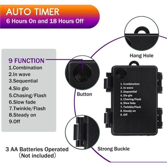 Orange Purple Battery Operated Halloween Lights, 2 Pack 17ft 50 LED Mini String - Picture 6 of 7